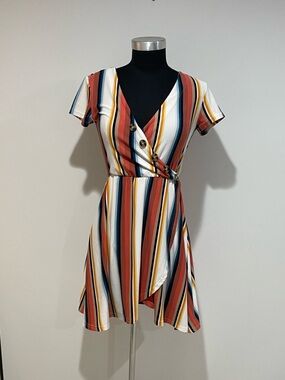Derek Heart Multi-Stripe Wrap Mini Dress in Rust, Navy, Mustard & White